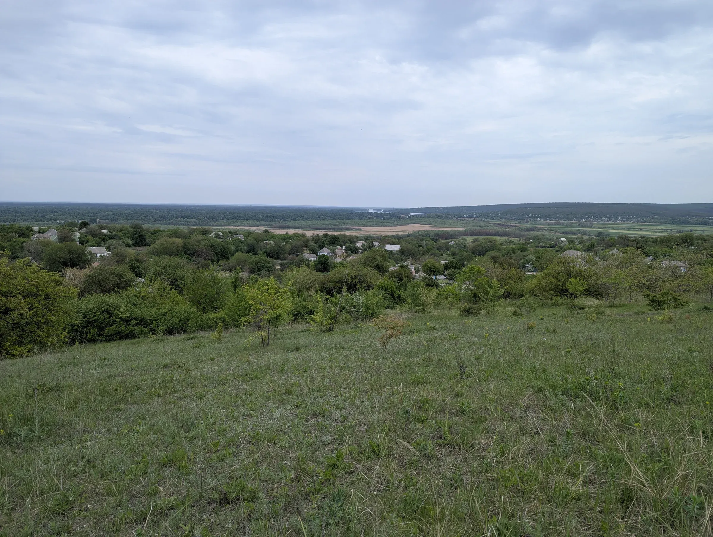 Панорама трав’янистих схилів, дерев і будинків удалині